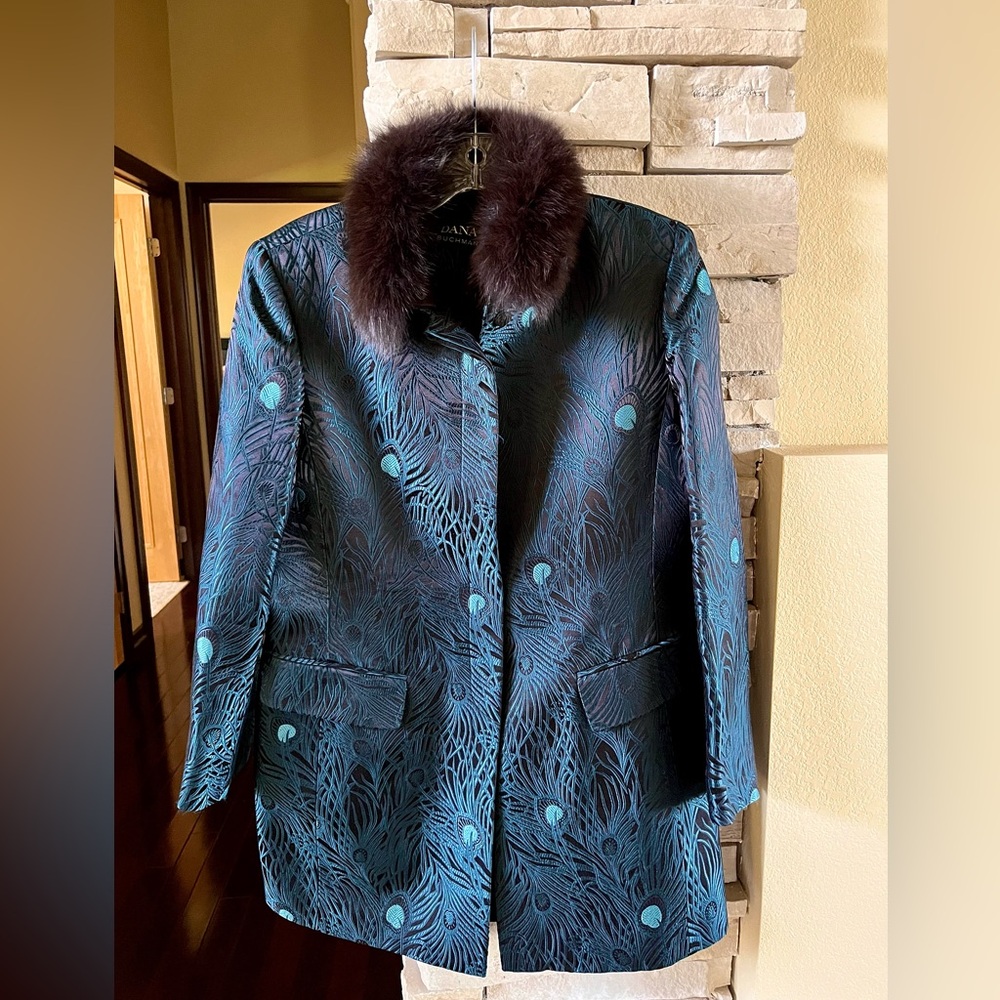 Dana Buchman black/teal peacock coat